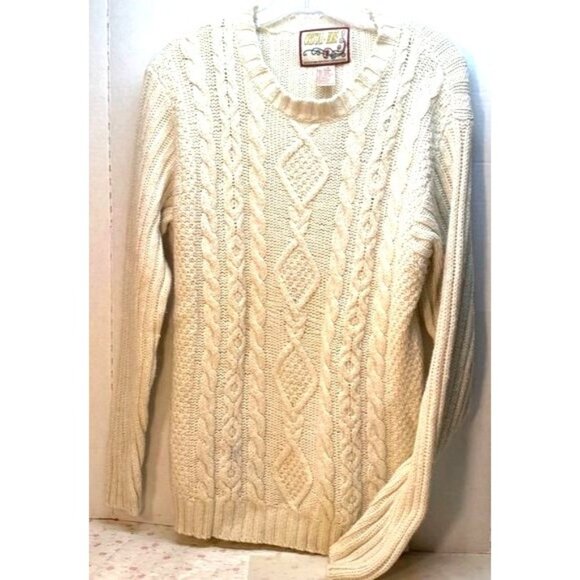 Vintage Crystal-Kobe Cable Knit Sweater L/G Ivory Wool Ramie Blend Crewneck - Picture 1 of 5